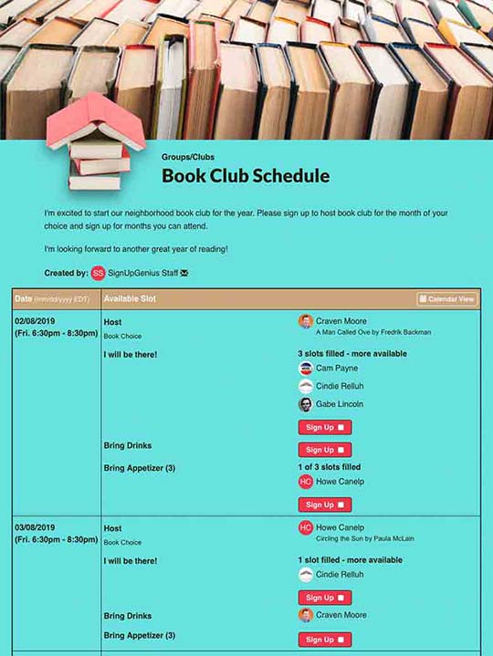 Clubs and Group Sign Up Sheets Organize Events and Volunteers